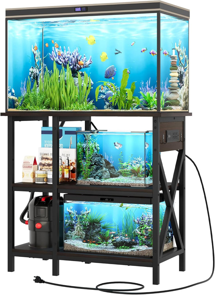 40-50 Gallon Fish Tank Stand with Power Outlet, 40X18 Inch Metal Aquarium Stand with 3-Tier Adjustable Storage Shelves and Hooks, 700LBS Capacity, Black