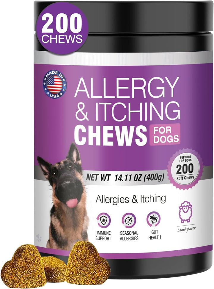 Dog Allergy Chews 200Pcs - Dog Allergy and Itching Skin Relief anti Itch Aller Immune Bites for Dogs Itching Licking Paws Treatment Relief Itchy Chew Probiotics Vitamins for Skin and Coat Allergies