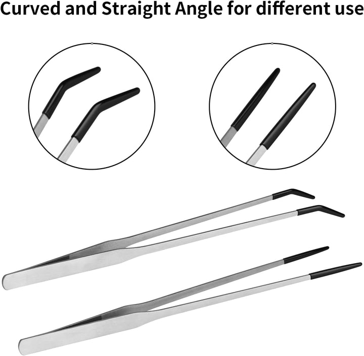 2PCS Stainless Steel Reptile Feeding Tongs with Rubber Tip, 10.6” Straight & Curved Long Tweezers for Aquarium or Craft, Bearded Dragon Tank Snakes Enclosure Accessories, Terrarium Supplies