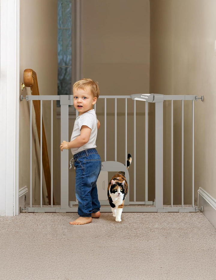 Baby Gate with Adjustable Cat Door,29-43" Auto Close Durable Pet Door for Stairs,Doorways and House,Pressure Mounted,Easy Install,Effortless Walk Thru,White