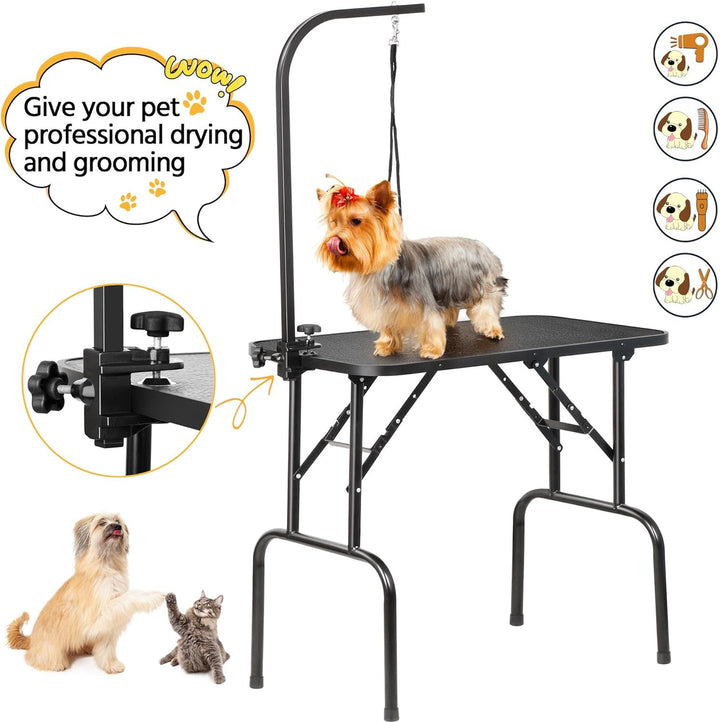 32-Inch Foldable Pet Dog Grooming Table with Adjustable Height Arm Drying Table for Home W/Noose for Small Dogs Cats Non-Slip Maximum Capacity up to 220Lbs Black
