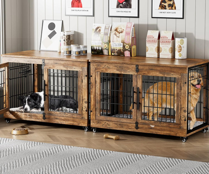 Dog Crate Furniture for Medium Dogs, 32'' Dog Kennel Indoor with Cushion & Wheels Wooden Dog Cage Double Doors Dog Crate End Table, Grey