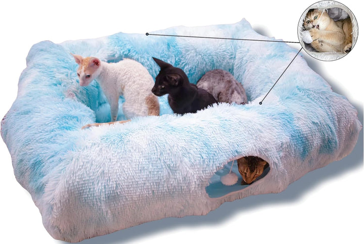 4 Cave Shuttled XL Cat Tunnel Bed for Indoor Cats Peekaboo Toy Donut with Warm Mat