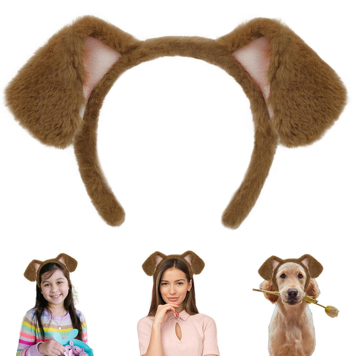 Dog Ears Golden Movable, Realistic Animals Ears Headband Brown, Fluffy Cat Bunny Bear Costume Halloween Christmas for Washing Makeup Cosplay Birthday Party