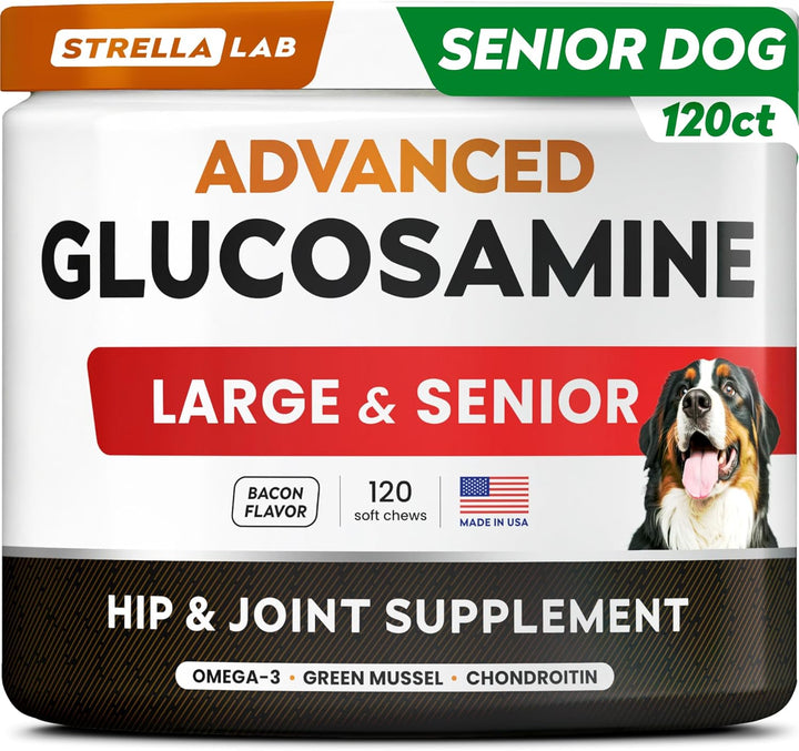 Glucosamine Treats for Dogs - Joint Supplement W/Omega-3 Fish Oil - Chondroitin, MSM - Advanced Mobility Chews - Joint Pain Relief - Hip & Joint Care - Chicken Flavor - 120 Ct - Made in USA