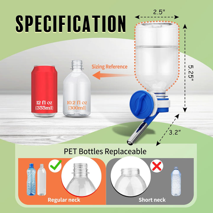 No-Drip Water Bottle Feeder for Guinea Pigs, Hamsters, Bunnies, Ferrets, & Small Pets, 10.2 Fl.Oz, 300Ml - Easy to Install in Cages/Crates, US Patented Leakproof Nozzle 10Mm, Blue (C128)