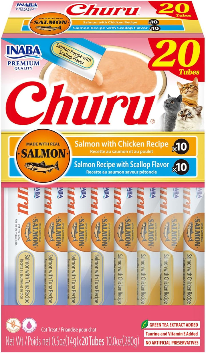Salmon Churu Cat Treats, Lickable, Squeezable Creamy Purée Cat Treat with Green Tea Extract & Taurine, 0.5 Ounces Each Tube, 40 Tubes, Salmon Variety Box