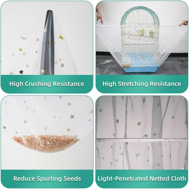 Bird Cage Seed Catcher, Seed Catcher Guard Net Cover, Parrot Nylon Mesh Net Cover, Universal Soft Airy Cage Net Stretchy Skirt for round Square Cages (Star-White, 15.7" X87")