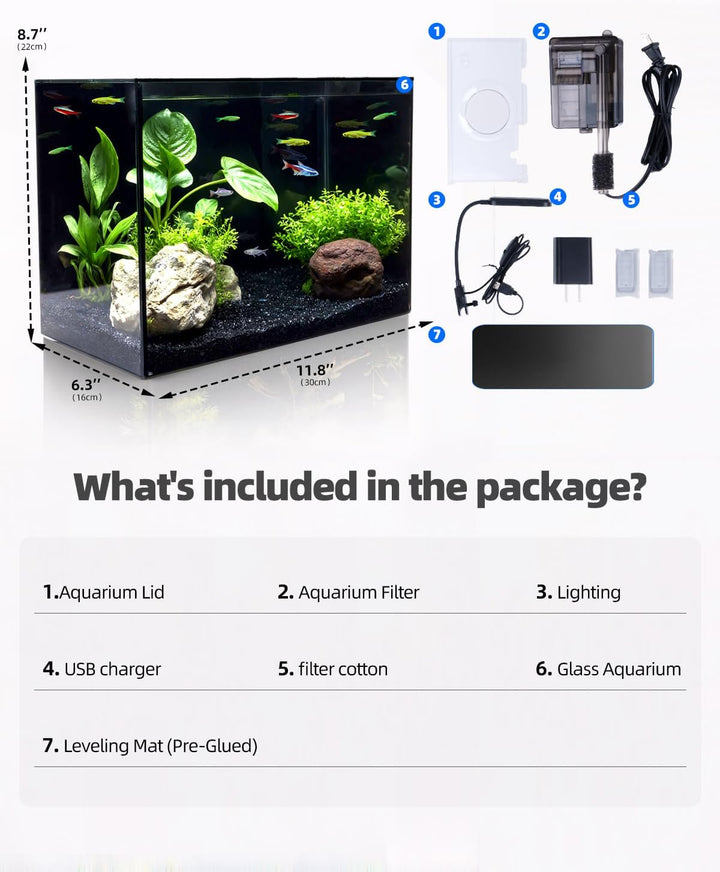 2.5 Gallon Glass Small Fish Tank Kit, Betta Fish Tank Aquarium Starter Kit with Filter, Lights, Lid, for Betta, Goldfish, Small Fish or Shrimp