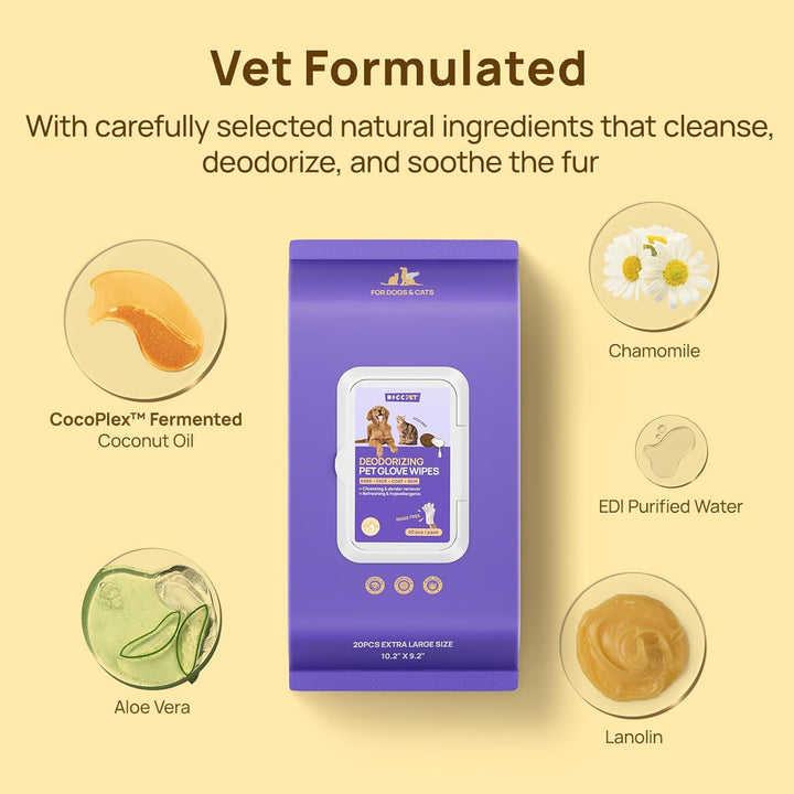 Cleaning Deodorizing Glove Wipes for Dogs & Cats, Vet Recommended Hypoallergenic Pet Cleaning and Hydrating Glove Wipes, Nourish Fur Coconut Oil Pet Bathing Wipes for Horse Coat Care