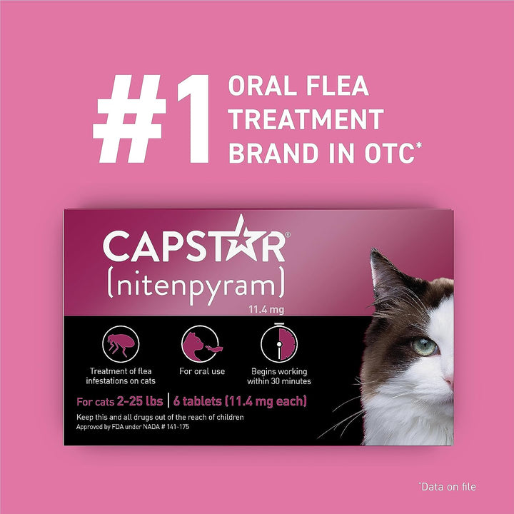 (Nitenpyram) Cat Flea Treatment, Fast-Acting Oral Flea Treatment for Cats 2-25 Lbs, Vet-Recommended Medication Tablets Start Killing in 30 Minutes, 6 Doses