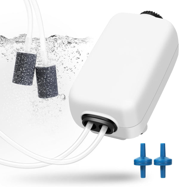 Aquarium Air Pump, Fish Tank Air Bubbler, Adjustable Dual-Outlet Hydroponic Oxygen Aerator with Air Stones, Airline Tubing, Check Valves