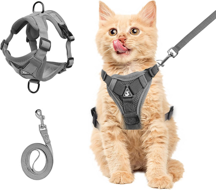 Cat Chest Harness and Leash, Anti-Escape Adjustable Soft Mesh Cat Leash and Chest Harness Set for All Types of Cats Cat Vests (Grey, 11.02-16.5Lb)