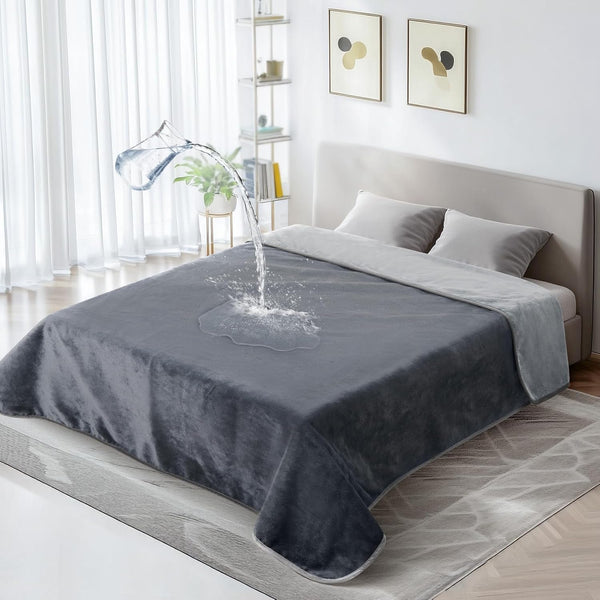 Waterproof Blanket for Bed: Reversible Soft Flannel Love Blanket 60" X 80", Bed Blanket for Couples Washable, Spill-Proof Dog Throw Blanket for Couch, Sofa Protect, Camping, Travel, Grey