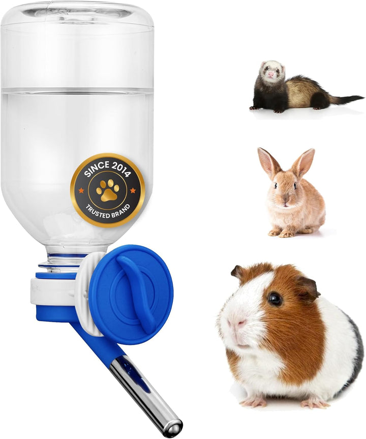 No-Drip Water Bottle Feeder for Guinea Pigs, Hamsters, Bunnies, Ferrets, & Small Pets, 10.2 Fl.Oz, 300Ml - Easy to Install in Cages/Crates, US Patented Leakproof Nozzle 10Mm, Blue (C128)