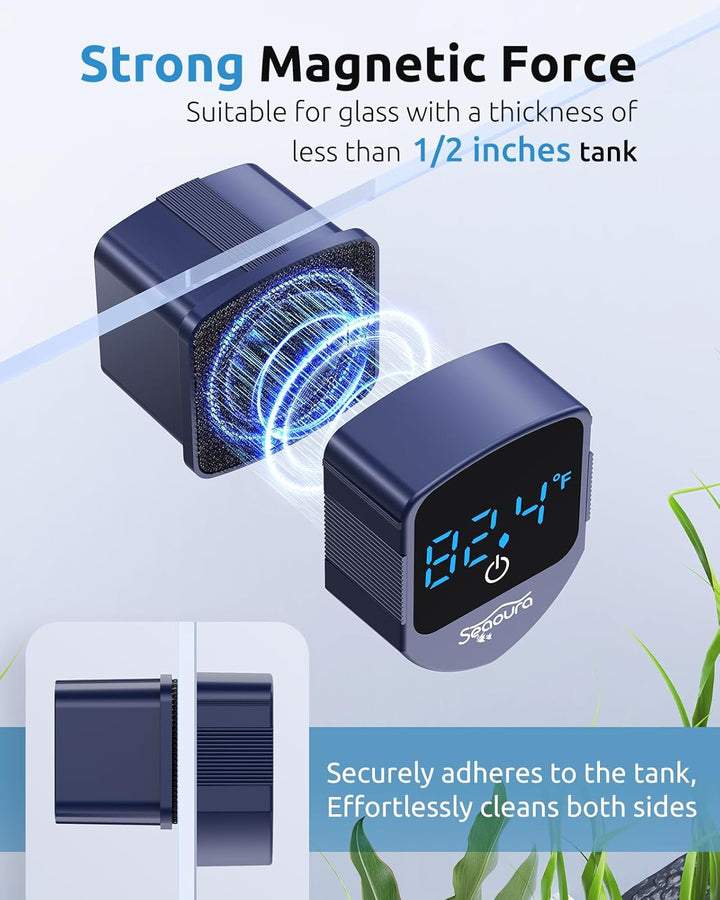 Aquarium Magnetic Cleaner with Thermometer, Fish Aquariums Mini Magnet Brush Only for Glass Tank,Tiny Magnets Clean Floating Cleaning Toolalgae Scrapers(Blue)