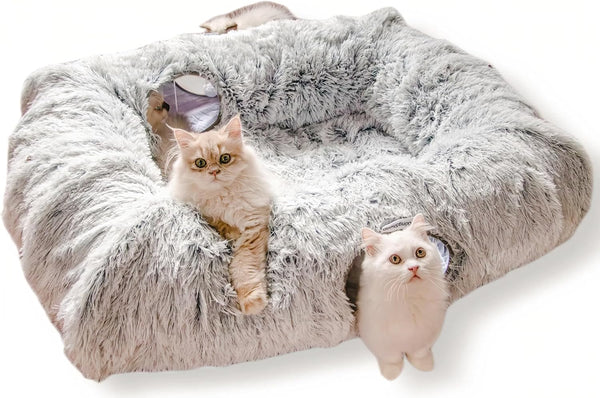 4 Cave Shuttled XL Cat Tunnel Bed for Indoor Cats Peekaboo Toy Donut with Warm Mat