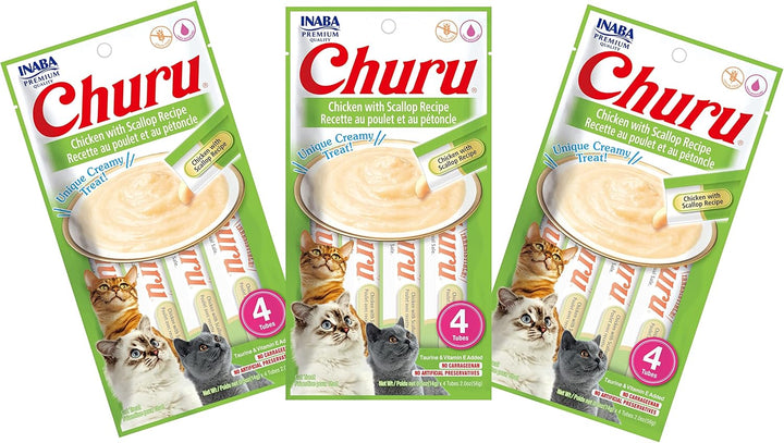 Churu Cat Treats, Grain-Free, Lickable, Squeezable Creamy Purée Cat Treat/Topper with Vitamin E & Taurine, 0.5 Ounces Each Tube, 4 Tubes, Tuna with Salmon Recipe