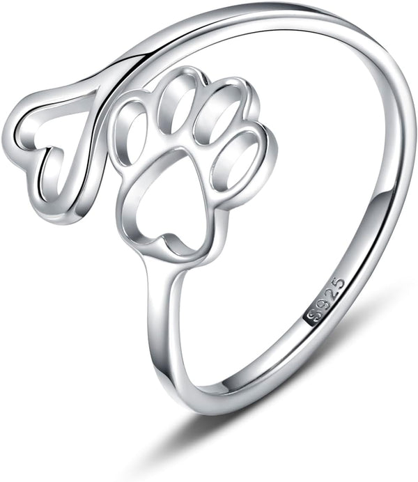 Puppy Lovers Paw Print Heart 925 Sterling Silver Adjustable Ring - Pet Animal Jewelry Creative Pierced Love Dog Cat Claw Ring - Gift for Pet Loving Friends and Families