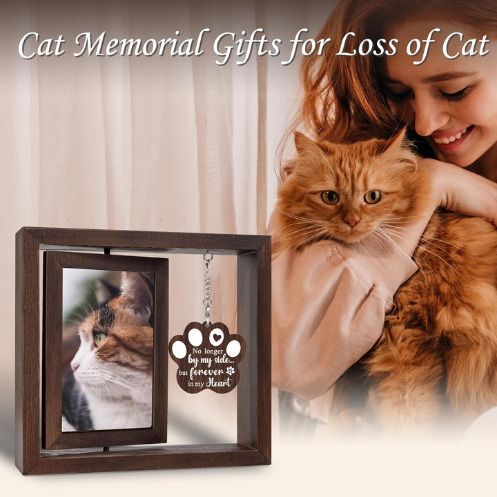 Cat Memorial Gifts for Loss of Cat - Pet Memorial Gifts Cat,Loss of Cat Sympathy Gift, Cat Passing Away, Pet Remembrance Gift Cat,Rotating Wooden Cat Picture Frame 4X6 Photo