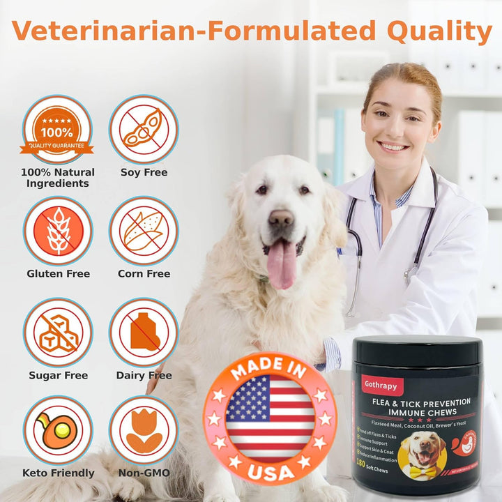 Flea and Tick Prevention for Dogs - 180 Vet-Approved Natural Soft Chewables Treatment | Us-Formulas Oral Supplement for Puppy, Adult & Senior | All Breeds Sizes - Chicken Flavor