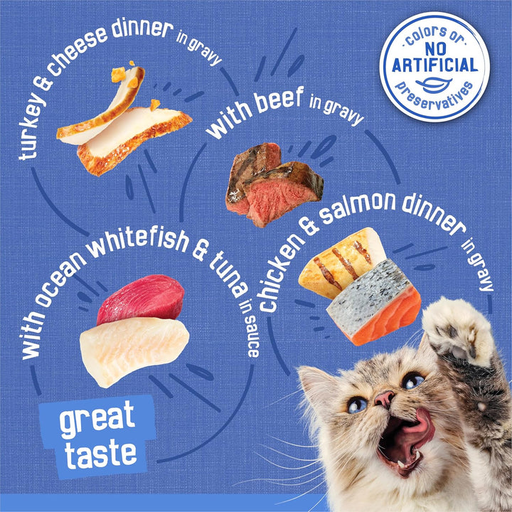 Purina  Wet Cat Food Variety Pack, Shreds with Beef, Turkey and Cheese Dinner, Chicken and Salmon Dinner, and with Ocean Whitefish and Tuna - (Pack of 40) 5.5 Oz. Cans