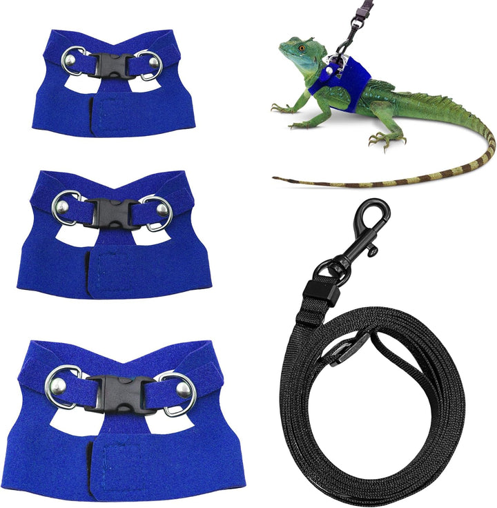 Bearded Dragon Harness and Leash Set, 3 Size Adjustable Soft Leather Reptile Leash, Lizard Harness with Retractable, Small Animal Outdoor Walking Vest with Traction Rope, 3 Pack, Black