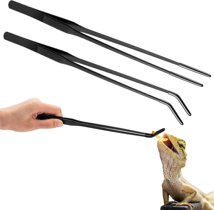 2 Pcs Extra Long Stainless Steel Reptile Feeding Tongs with Rubber Tip Bearded Dragon Aquarium Straight and Curved Long Tweezer Terrarium Feeder Tool for Tank(Silver, 10 Inch, 10.5 Inch)