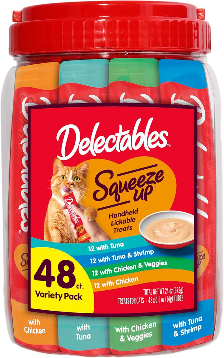 Delectables Squeeze up Variety Pack, Creamy Squeezable Puree, Lickable Wet Cat Treats, Grain Free, No Added Fillers, No By-Products, No Added Preservatives, 0.5 Ounces Tube, 72 Tubes Total