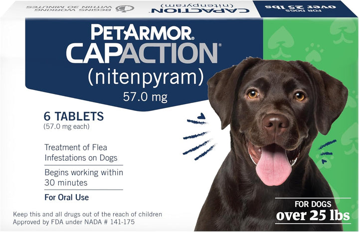 CAPACTION (Nitenpyram) Oral Flea Treatment for Dogs, Fast Acting Tablets Start Killing Fleas in 30 Minutes, Dogs over 25 Lbs, 6 Doses