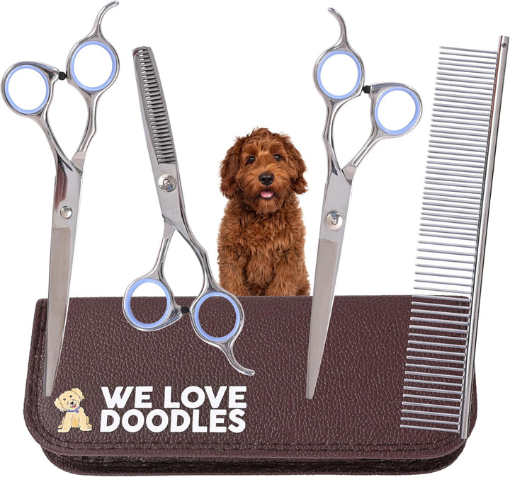 Dog Grooming Scissors Kit - Best Tools for Goldendoodles, Poodles & Doodles - Straight, Curved & Thinning Shears - Golden Doodle Grooming Kit - Professional Grade Steel, 4 Pc Set []