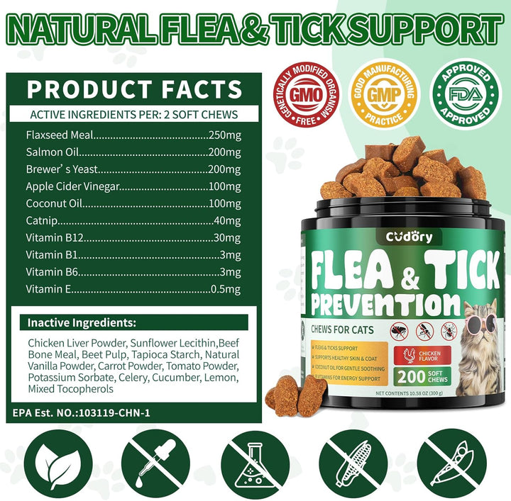 Flea and Tick Chews for Cats - 200 Soft Chews Natural Flea Tick Support for Cat All Breeds & Ages - Nourishes Skin & Coat Health - Energy Support - Chicken Flavor Soft Chew