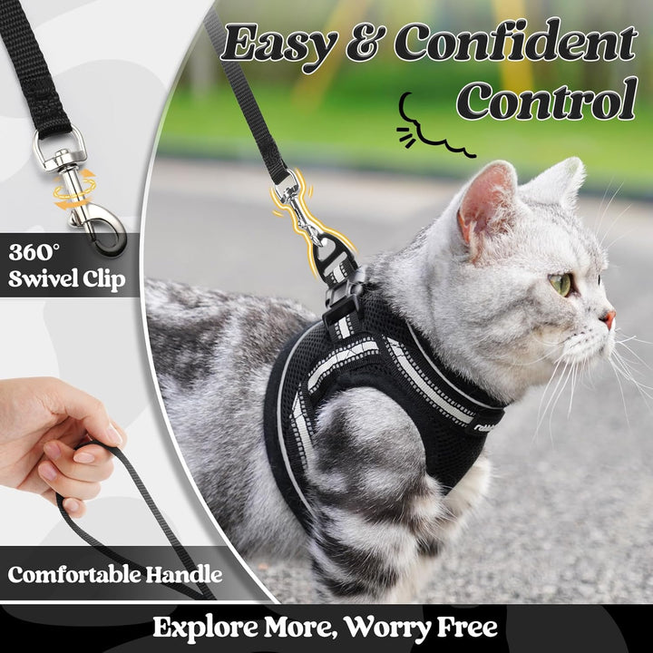 Cat Harness and Leash Set for Walking Escape Proof, Adjustable Soft Kittens Vest with Reflective Strip for Cats, Comfortable Outdoor Vest, Black, S