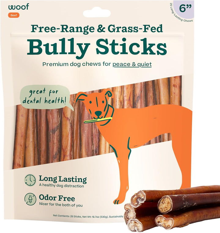 Bully Sticks Dog Treats - Chew Sticks for Dogs - Long-Lasting Dog Chew Treats - Made with Free-Range, Grass-Fed Beef - 6" Sticks - 10Pk
