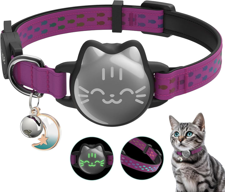 Waterproof Airtag Cat Collar, Breakaway Cat Airtag Collar with Luminous & Reflective Fish Pattern, Lightweight Kitten Collars for Apple Air Tag, Hidden GPS Tracker Holder for Cats, Kittens(9-13")