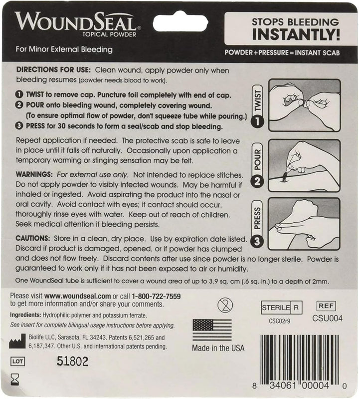 Woundseal Powder 4 Each (Pack of 2) - Wound Care First Aid for Cuts, Scrapes and Abrasions - Stops Bleeding in Seconds without Stitches or Bandages - Safe and Effective for People of All Ages and Pets