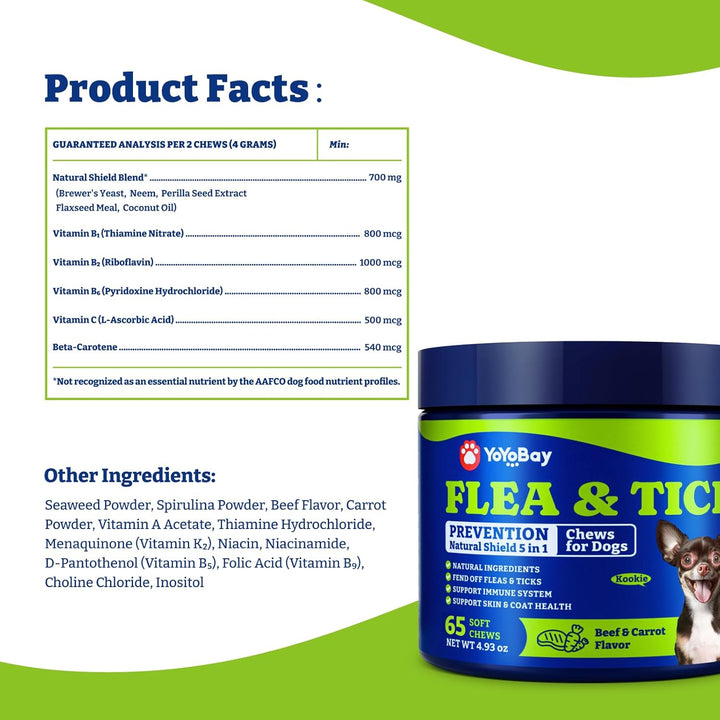 Flea & Tick Prevention for Dogs Chewables, Natural Dog Flea and Tick Control Treatment, Oral Flea Pills, Dogs Supplement, Natural Shield 5-In-1 Protection, Beef & Carrot Flavor, 65 Soft Chews