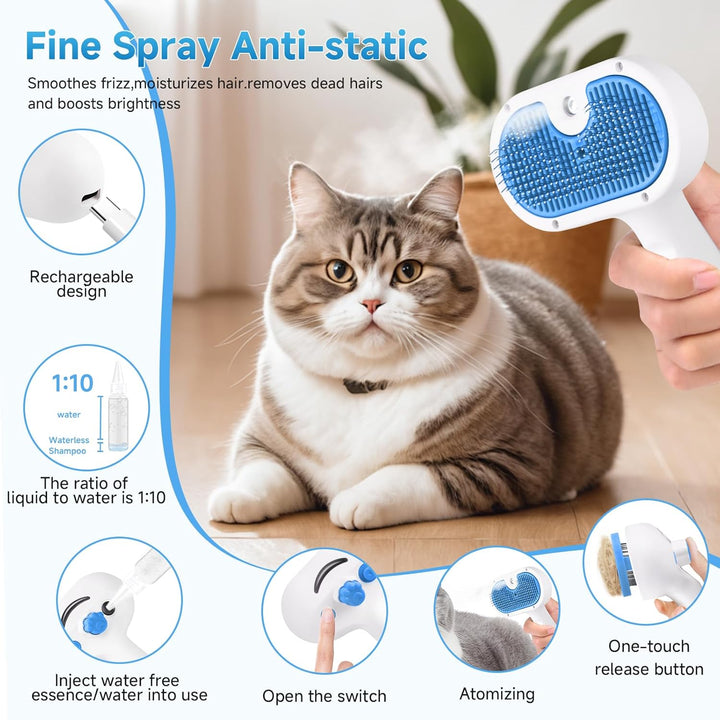 Pet Steam Brush for Dog & Cat - 3-In-1 Steam Grooming Brush for Shedding & Hair Removal - Self Cleaning Spray Comb with Mist for Long Haired Pets - Includes 1*Waterless Shampoo, Blue