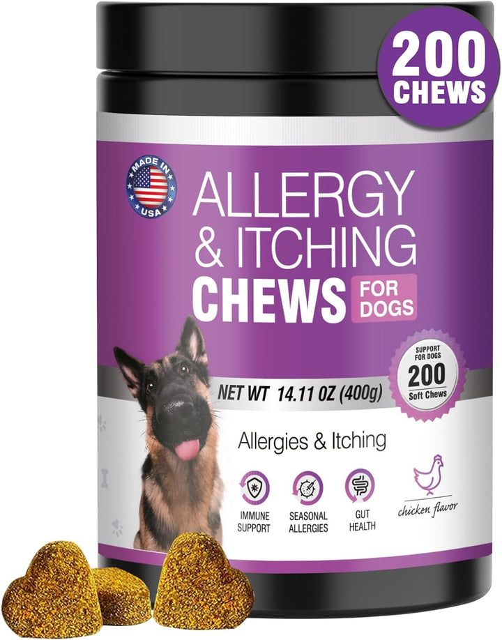 Dog Allergy Chews 200Pcs - Dog Allergy and Itching Skin Relief anti Itch Aller Immune Bites for Dogs Itching Licking Paws Treatment Relief Itchy Chew Probiotics Vitamins for Skin and Coat Allergies
