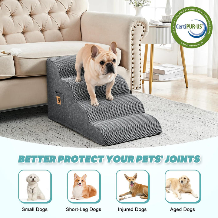 Dog Stairs for Small Dogs 15.7''H, 4-Step Sturdy Dog Steps for Bed, Couch, Sofa, Waterproof Pet Stairs for Older Cats, Puppy, Removable Washable Cover, Non-Slip Curved Pet Ramp Indoor, Grey