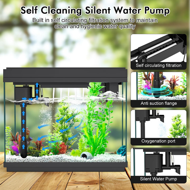 Smart Aquarium Fish Tank with Silent Water Pump, 2.4 Gallon Small Aquarium with Quick Start Kit, Temperature Display, Humidifier and RGB Lights, Perfect for Home, Office, and Decor