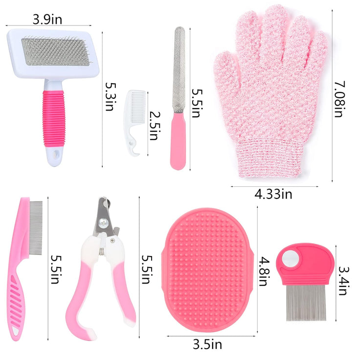 Pink Small Animal Grooming Kit with Nail Clipper, Flea Comb, Shampoo Brush, Slicker Brush, Massage Glove for Rabbits