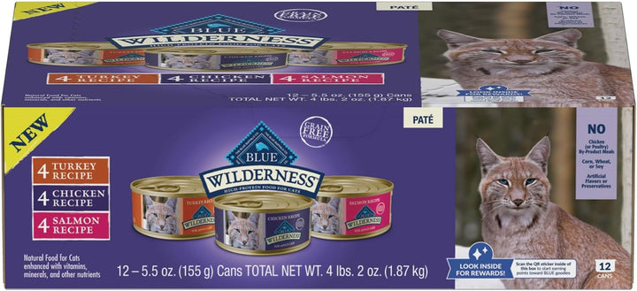 Wilderness High Protein, Natural Adult Pate Wet Cat Food Variety Pack, Chicken, Salmon, Duck 3-Oz Cans (12 Count- 4 of Each Flavor)