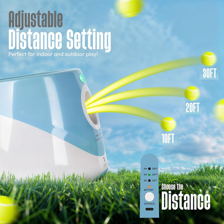Automatic Dog Ball Launcher for Small Dogs – Dog Ball Thrower for Indoor Outdoor with 3 Adjustable Distance Settings 10Ft, 20Ft, and 30Ft – Interactive Toy with 3 Mini Tennis Balls 2 Inch
