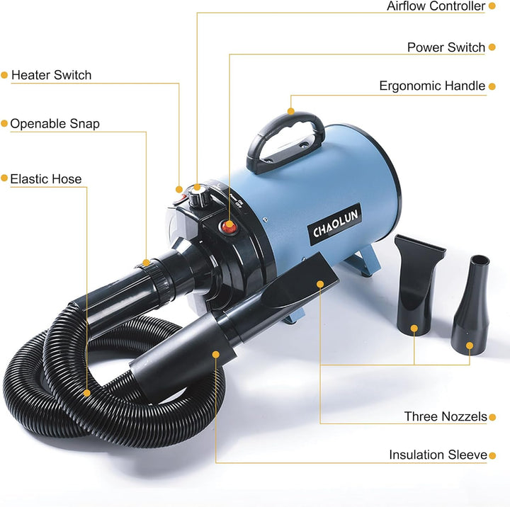Dog Dryer for Pet Grooming, High Velocity Pet Hair Dryer with Heater, Adjustable Speed, 3 Nozzles and a Comb, Blue