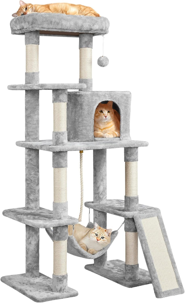 Large Multi-Level Cat Tree, 63 Inches Tall with Sisal-Covered Scratching Posts, Condo, Hammock, Dangling Ball, and Extended Platform for Cats to Play and Sleep