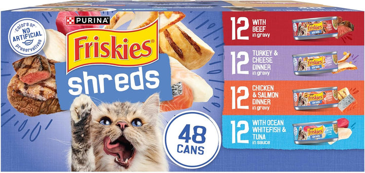 Purina  Wet Cat Food Variety Pack, Shreds with Beef, Turkey and Cheese Dinner, Chicken and Salmon Dinner, and with Ocean Whitefish and Tuna - (Pack of 40) 5.5 Oz. Cans
