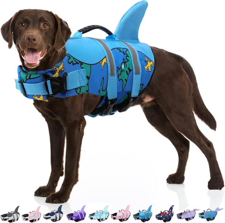 Dog Life Jacket - Shark Life Vest for Swimming Boating - Reflective Lifejacket Swimsuit for Small Medium Large Dogs - High Buoyancy Lifesaver Preserver with Rescue Handle, Grey Shark M