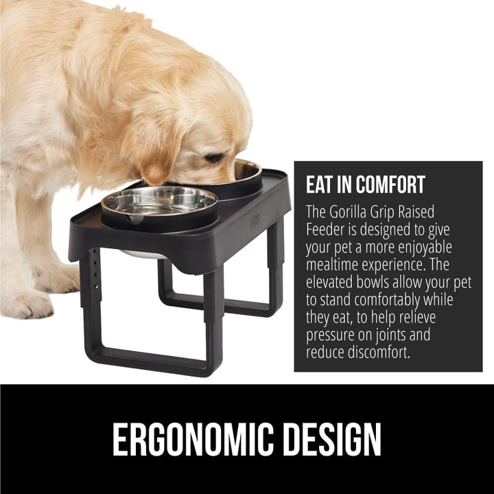 Elevated Dog Bowls Stand, 6 Cup Stainless Steel Food Bowl Set of 2, 5 Height Adjustable Raised Feeding Station for Small Breed Puppy Dogs and Cats, Medium, Large Sized Pets Feeder, Black