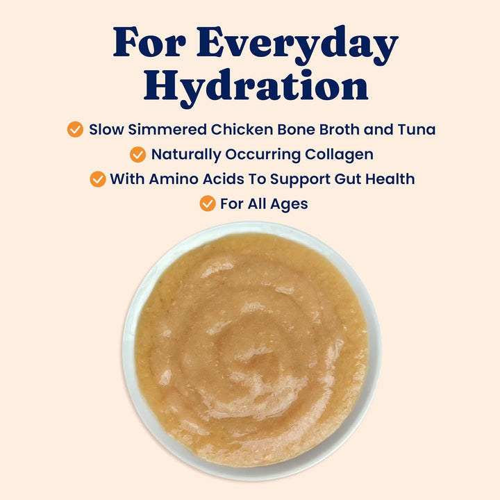 Bone Broth Cat Food Topper - Limited Ingredient Lickable Cat Broth Pouches W/Tuna Protein Shreds & Collagen for Hydration & Gut Support - Easy to Serve Gravy for Cats Meal Topper - 12Ct